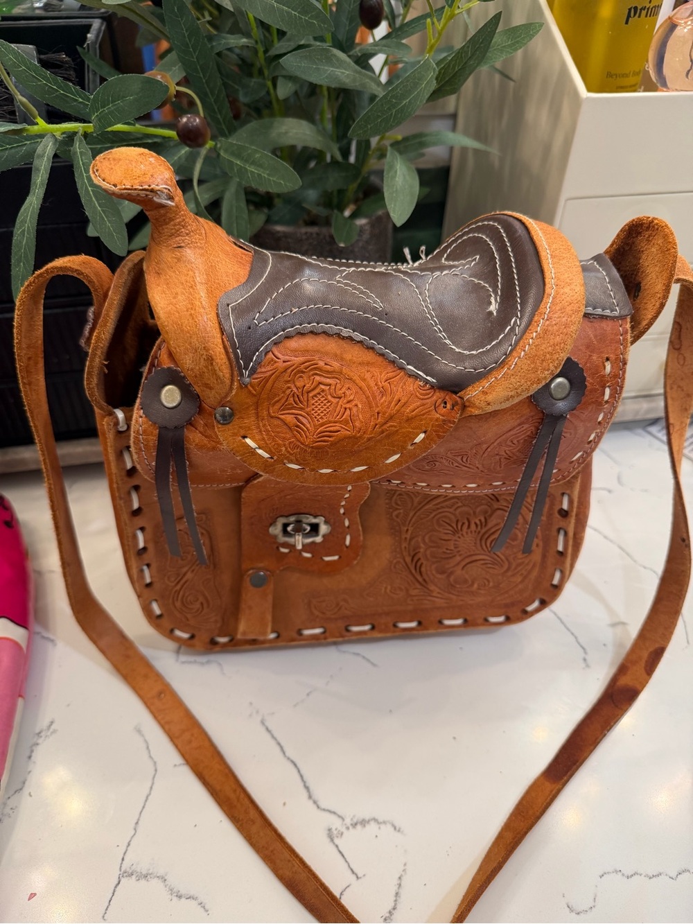 Handcrafted Brown Tooled Leather Saddle Crossbody Bag